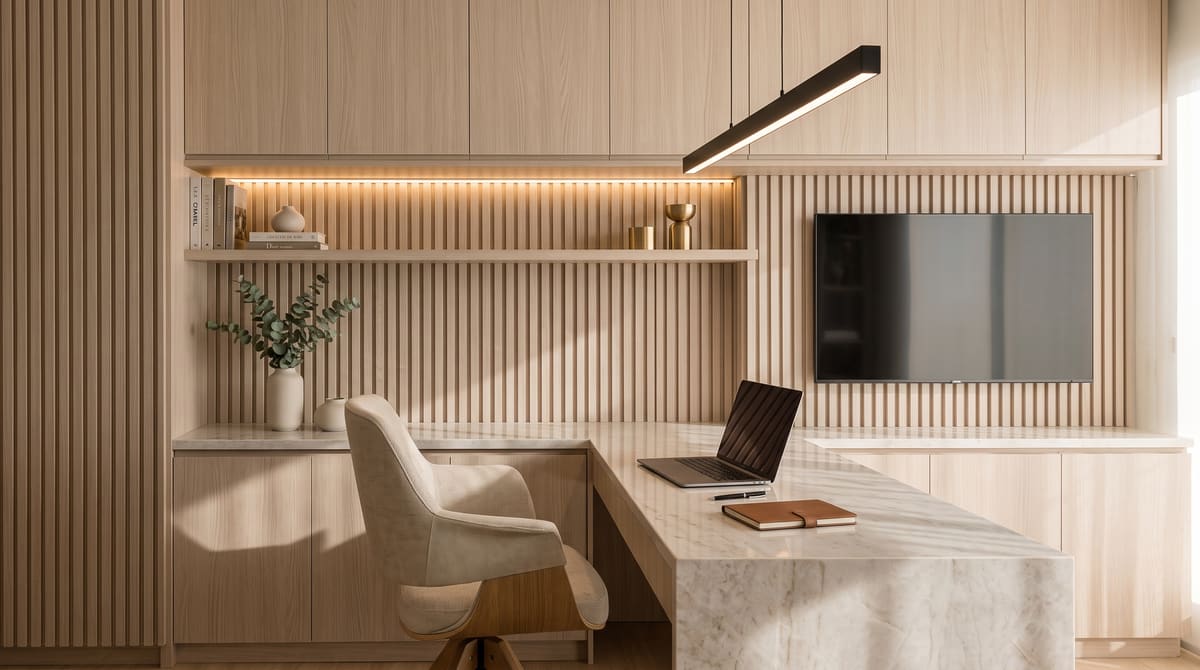 Home office planejado com iluminação integrada