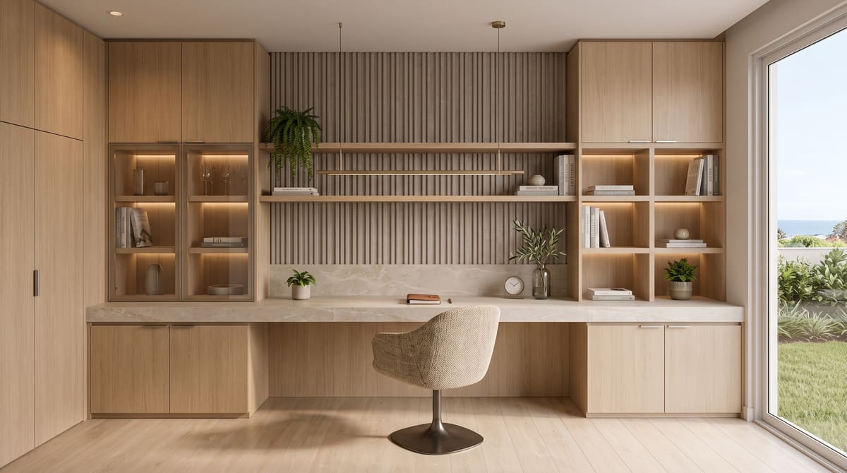Home office com bancada em madeira planejada