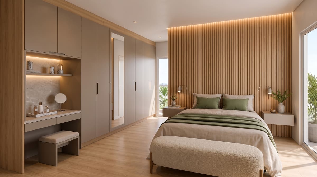Quarto de casal com móveis planejados em cinza