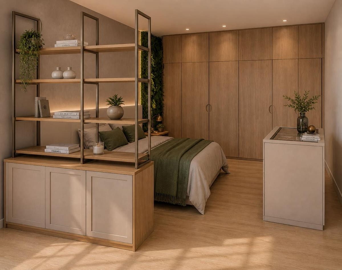 Quarto de casal elegante com roupeiro planejado