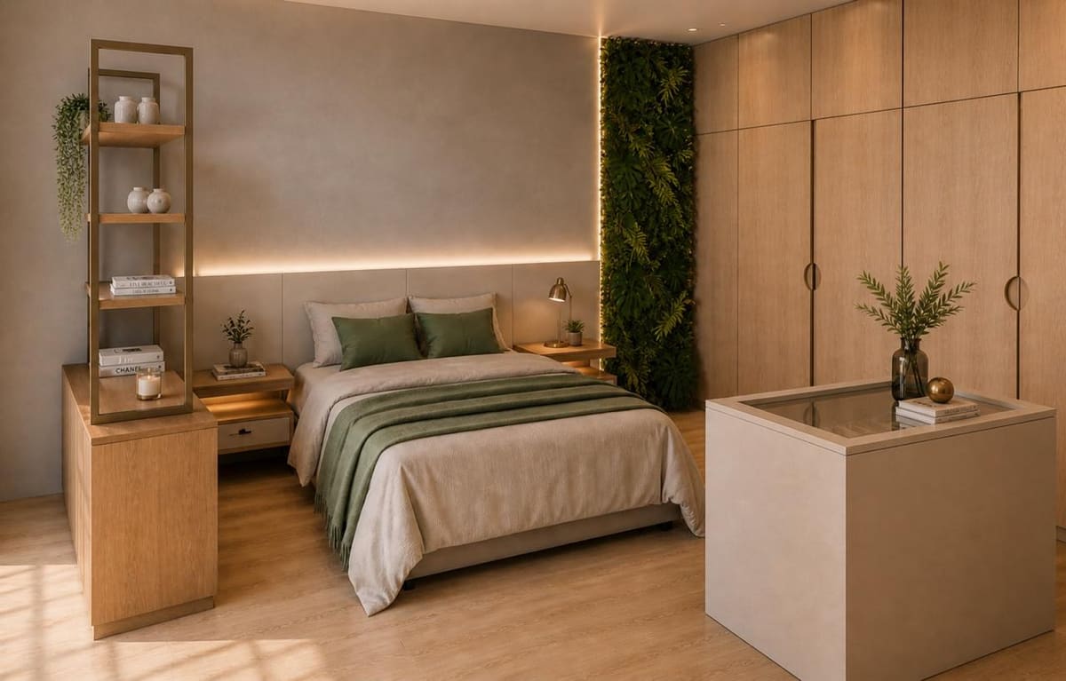 Dormitório casal com design sofisticado