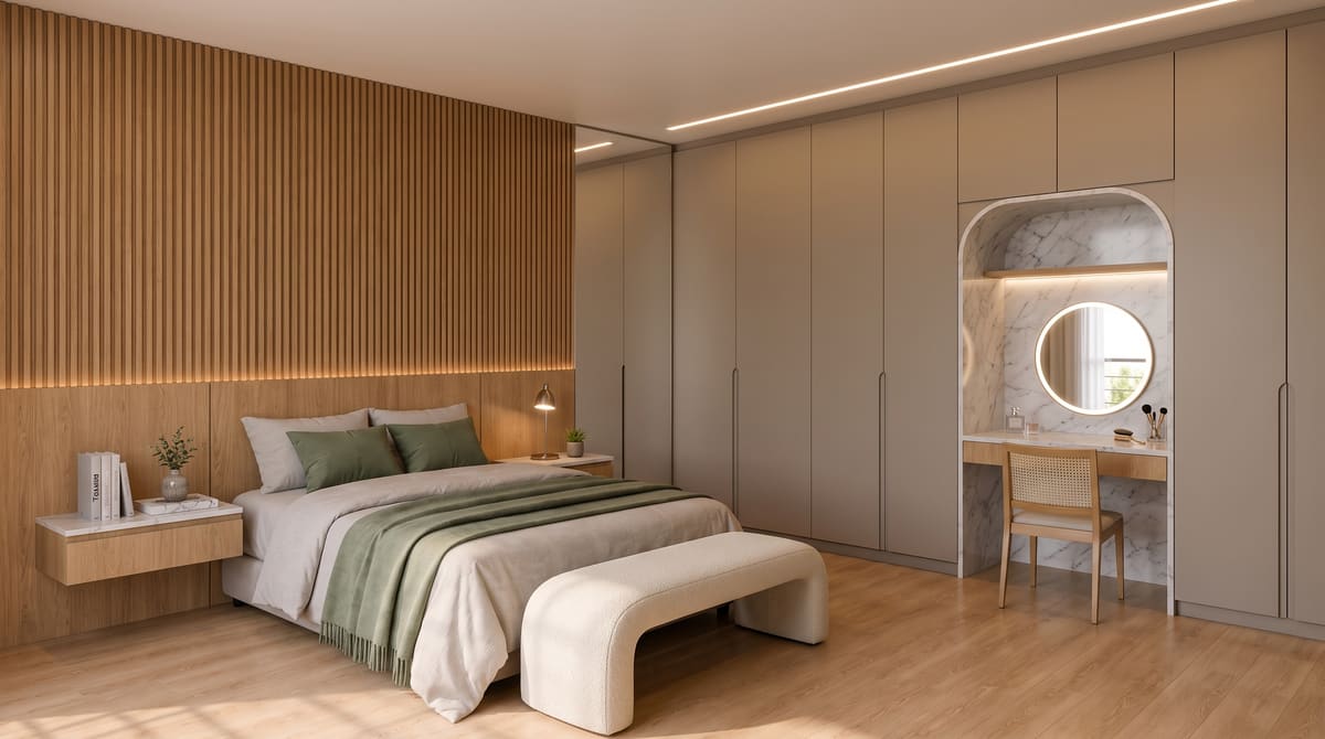 Dormitório com painel de cama e cabeceira